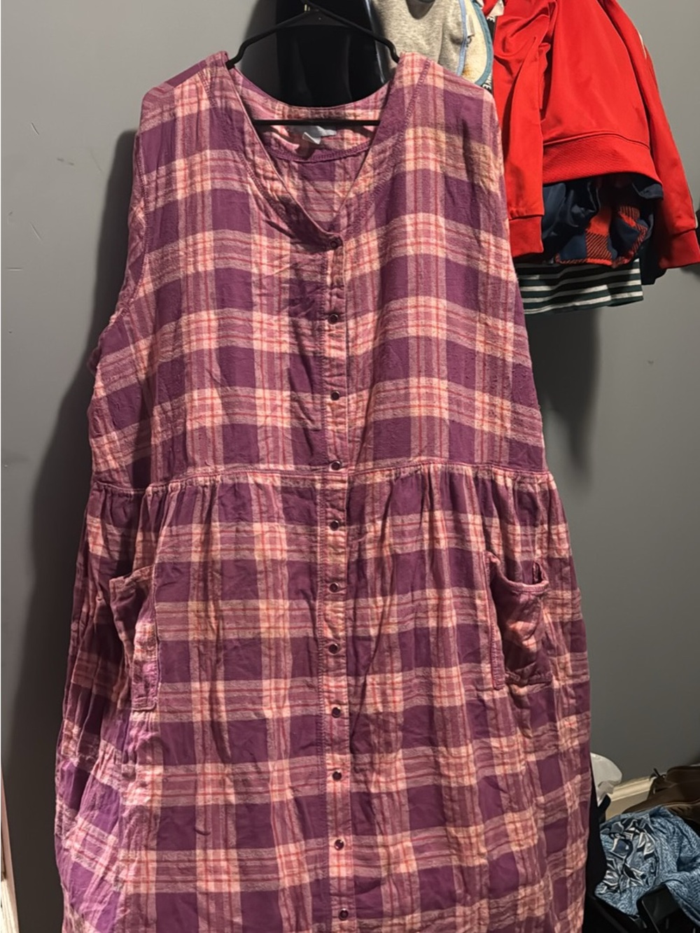Purple pink Plaid Button-Front long sleeve Dress with pockets